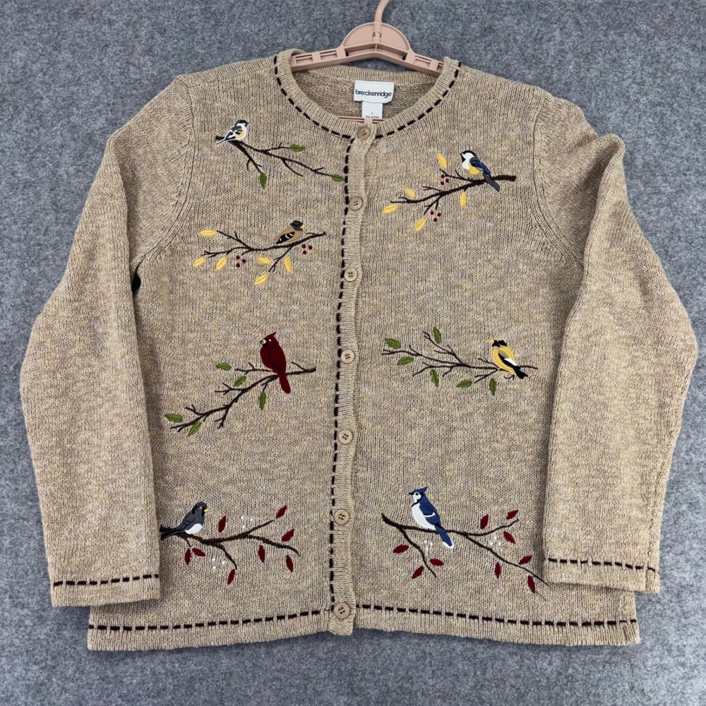 Breckenridge Women Tan Embroidered Bird Cardigan Sweater Cotton Blend Large